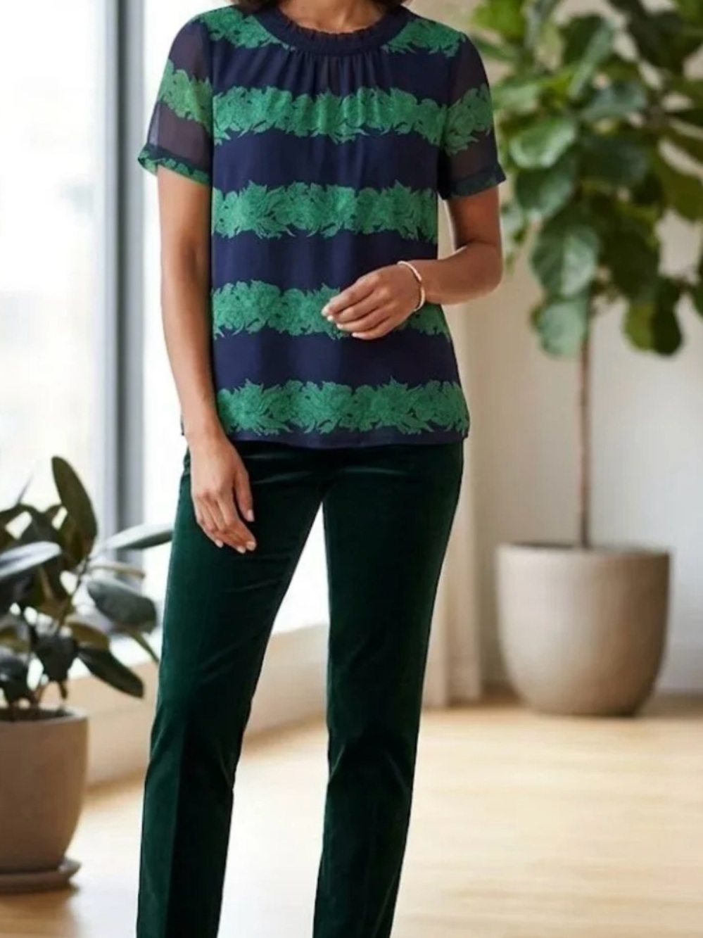 J. Crew Navy Blue Blouse with Green Floral Bands